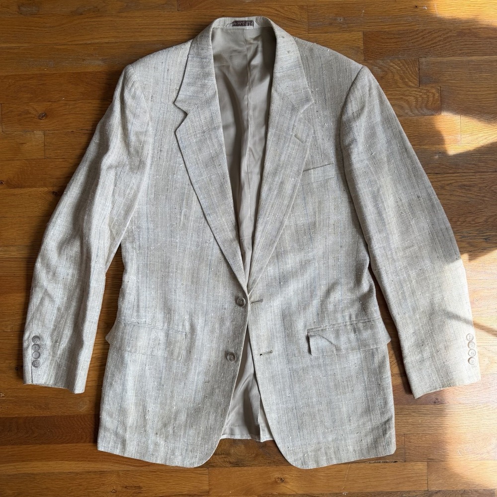 Vintage 90s Arnie 100% Woven Silk Blazer 40L Tan Textured Minimalist Mens Jacket